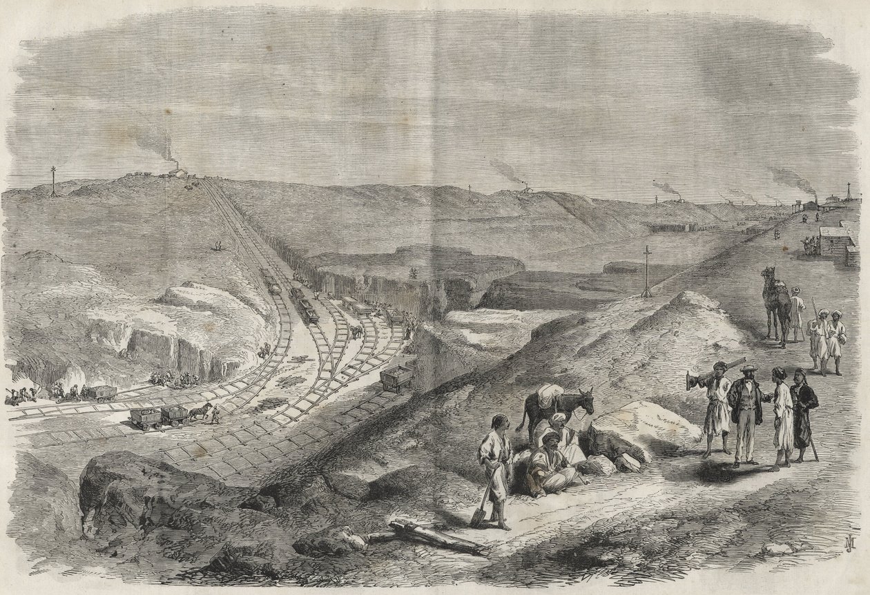 1864 年在苏伊士运河上的工作 - 1864 年在苏伊士运河上的建筑工地和钻探工作 (Chaluf Tranchee) - 作者 未知艺术家