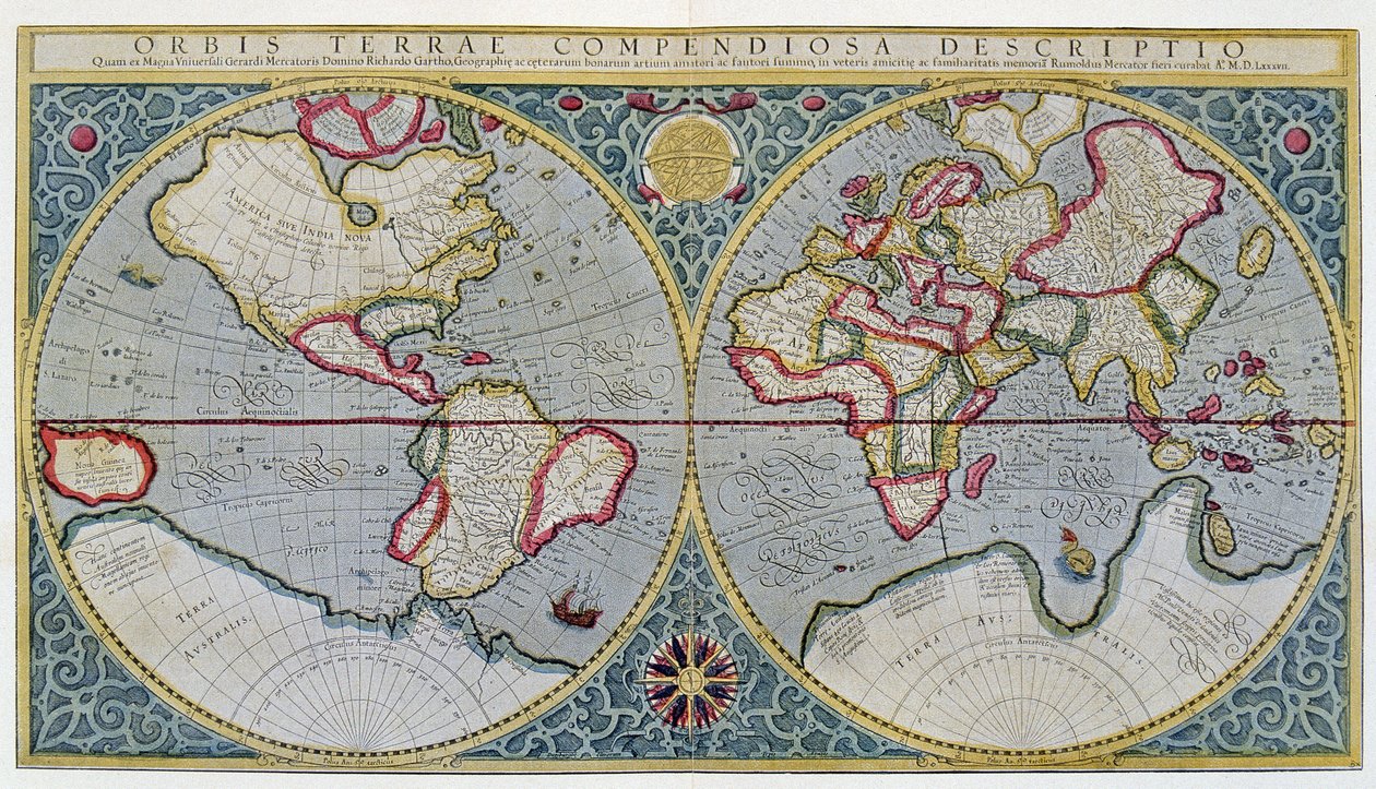 墨卡托的世界地图（1587年）--根据 "Gerardi Mercatoris Atlas sive Cosmographicae meditationes de fabrica mundi et fabricati figura"，阿姆斯特丹。 作者 未知艺术家