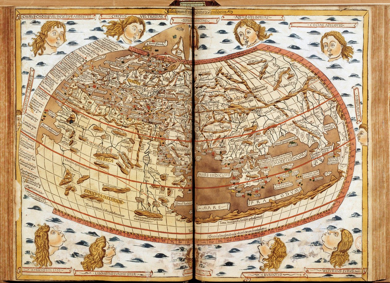 克劳德·托勒密的世界地图。 吹空气的人头代表不同的风（标明其名称）。 在“”拉丁地理学。 Beatissimo Patri Paulo Secundo Pontifici Maximo。 多尼斯·尼古拉斯”。 献给教皇保罗二世的地理手稿。 米 作者 未知艺术家