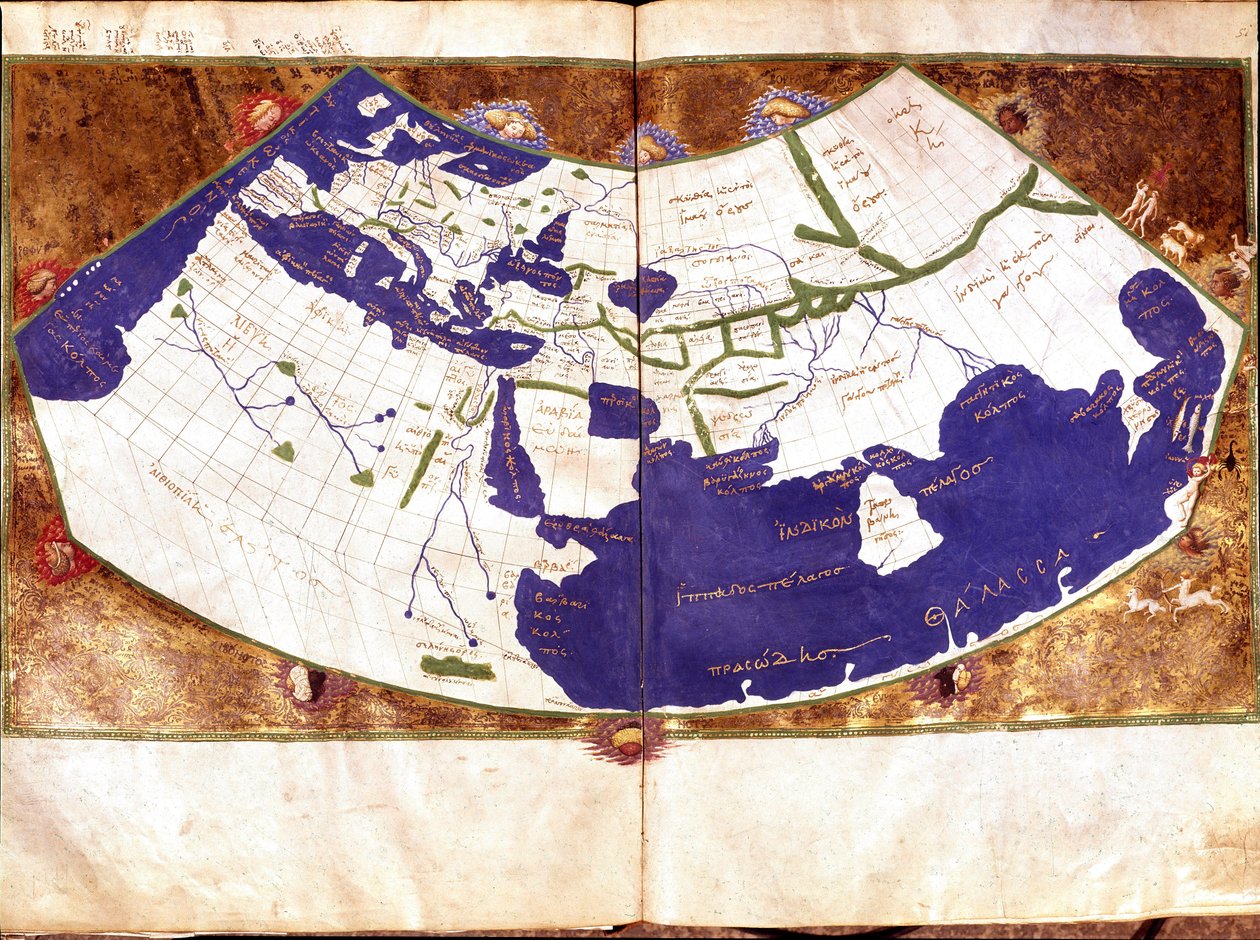 Claudius Ptolemaeus (Claude Ptolemee, 90-168 ap JC) 的世界地图，希腊天文学家和占星家 - 没有北极和南极和没有美国包含的平坦地球的表示 - 15 世纪手稿 - 威尼斯，马尔西亚纳图书馆 作者 未知艺术家