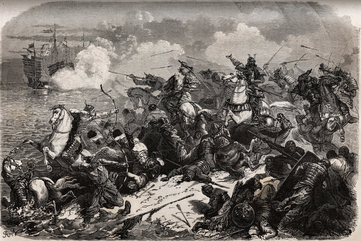 1274年，赖大毛和一支武士军队击退了由忽必烈（Kubilai Khan，蒙古元朝（1215-1294）的第一位皇帝）率领的蒙古人的入侵，但台风（kami kaze：神的风）击退并打翻了蒙古舰队，使日本得以幸免。 作者 未知艺术家