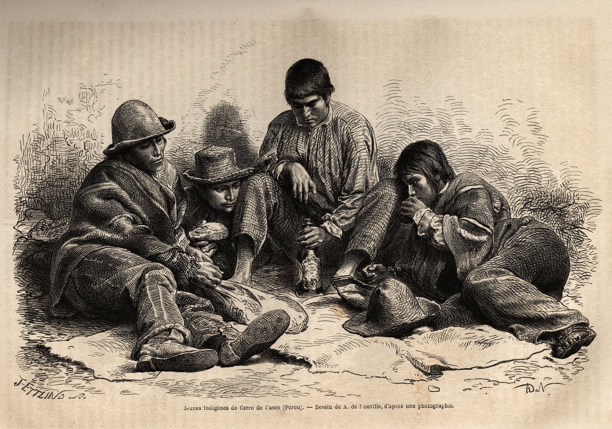来自Cerro de Pasco（秘鲁中部）的年轻印第安人，聚在一起吃早餐。L.Simonin于1860年为《Les iles Chincha》绘制的版画，发表在Edouard Charton编辑的《Le tour du monde, nouveau journal des voyages》中。 作者 未知艺术家