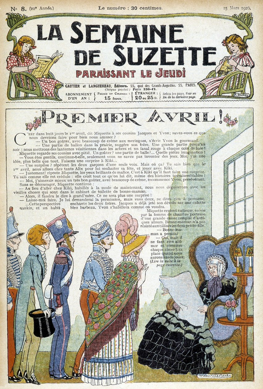 年轻人看望一位老太太。1926 年 3 月报纸 "La semaine de Suzette "的封面插图。 作者 未知艺术家