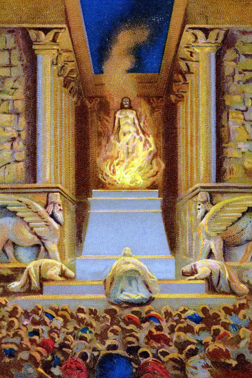 Zarathustra (Zarathustra, Zarathushtra, Zarathustra or Zoroastra) died in the temple surrounded by the flame. Chromolithograh of the 19th century. 作者 未知艺术家