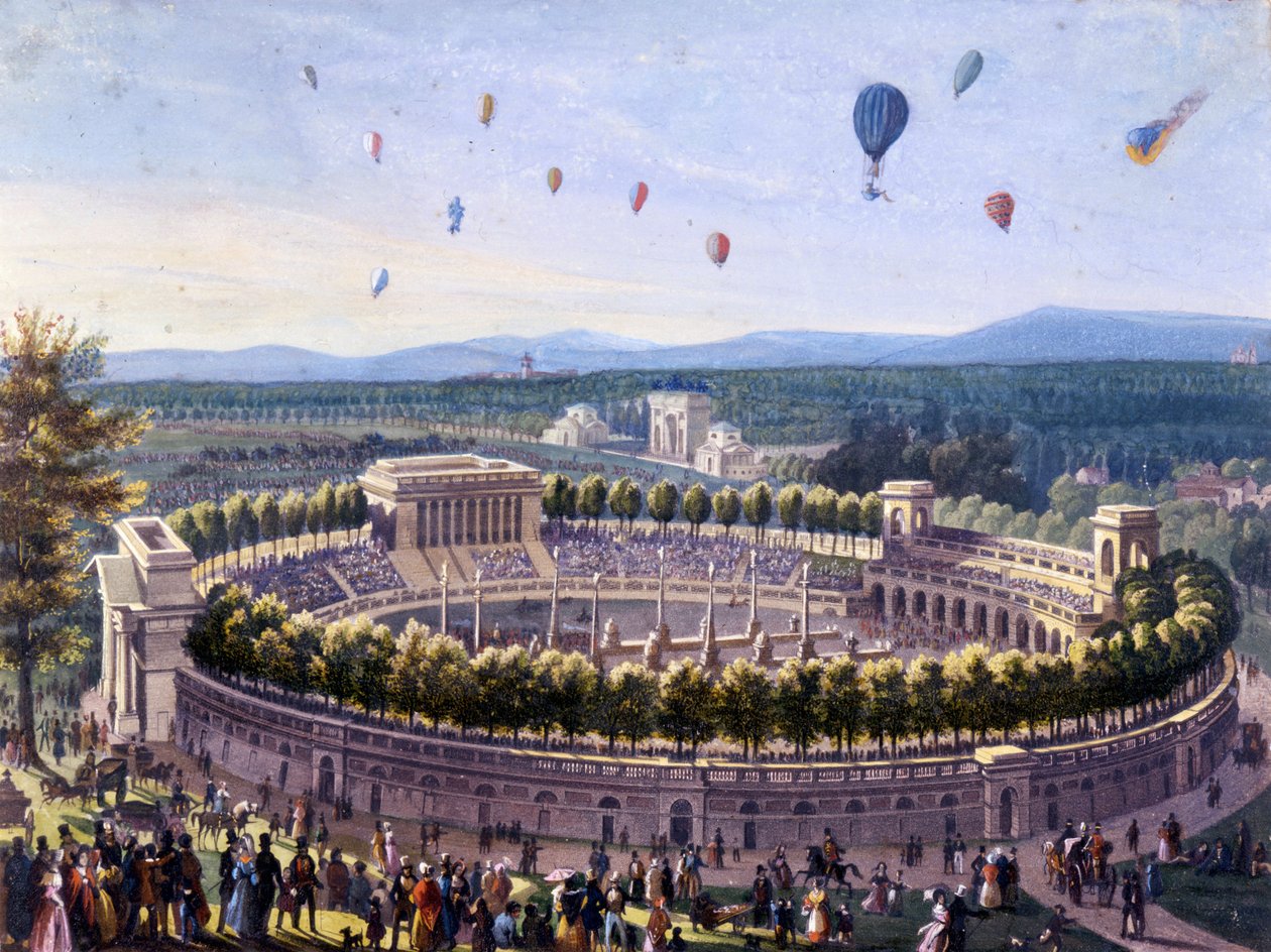 1830 年在米兰举行的气球活动。1830 年的匿名水彩画。 作者 未知艺术家