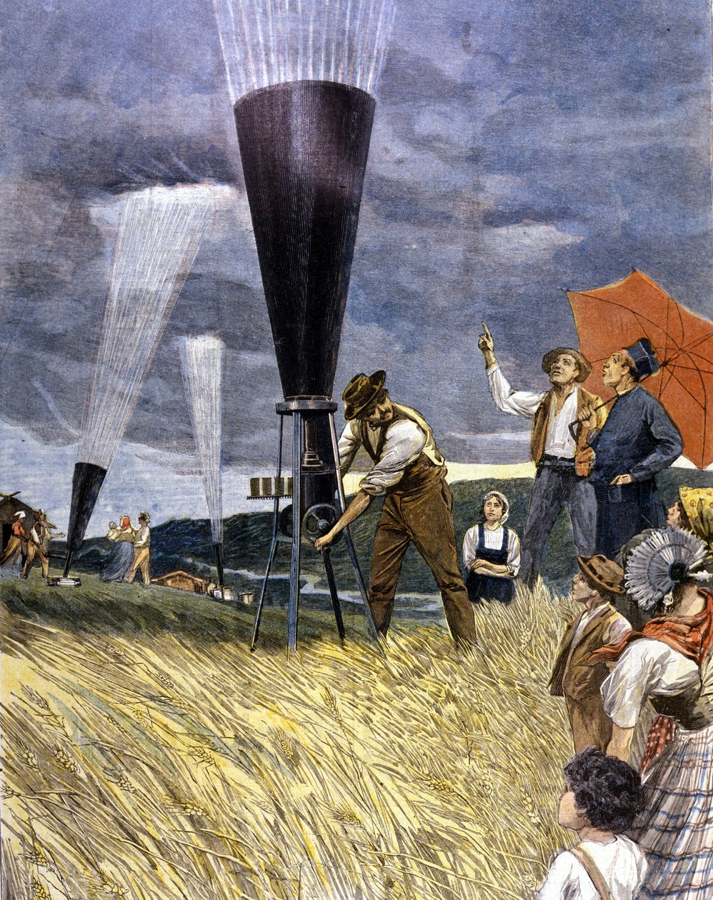 1899 年，意大利的葡萄种植者在桶中抵御冰雹。 作者 未知艺术家