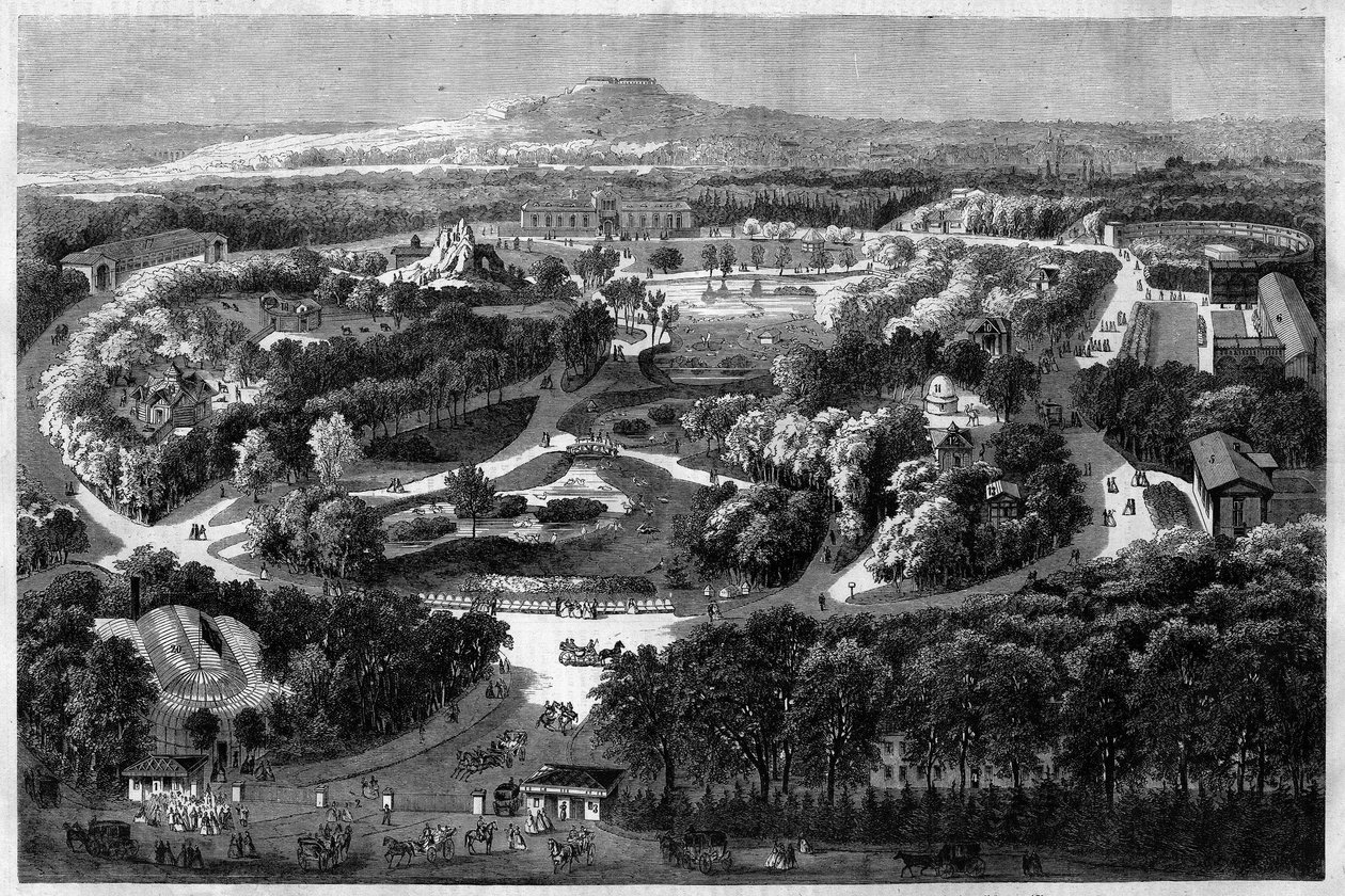 拿破仑三世于1860年提供并落成的布洛涅森林适应性花园全景，结合了自然、茂盛的植物和异国动物，在 "辉煌的世界"。 作者 未知艺术家