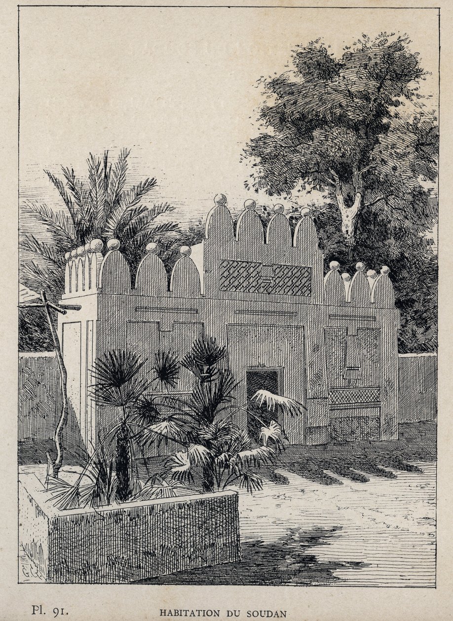 habitation du Sudan (苏丹)--1889年的雕刻，载于 "Histoire de habitation humaine à l