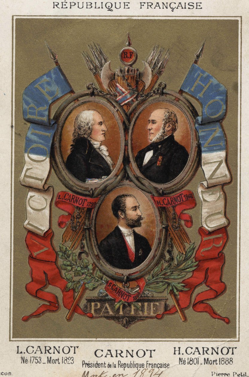 法国政治家拉扎尔-卡诺（1753-1823）、希波利特-卡诺（1801-1888）和法国共和国总统萨迪-卡诺的画像。 作者 未知艺术家