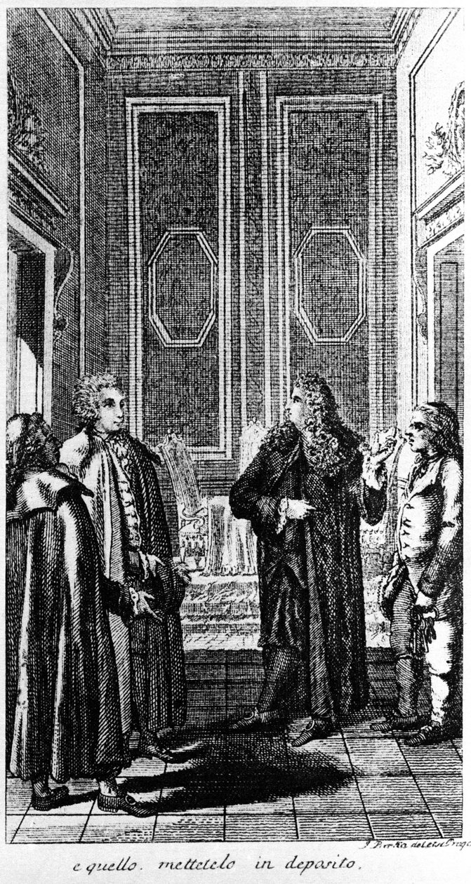 逮捕放荡不羁的贾科莫·卡萨诺瓦（Giacomo Casanova，1725-1798 年）冒险家和意大利作家。 19 世纪的雕刻 作者 未知艺术家
