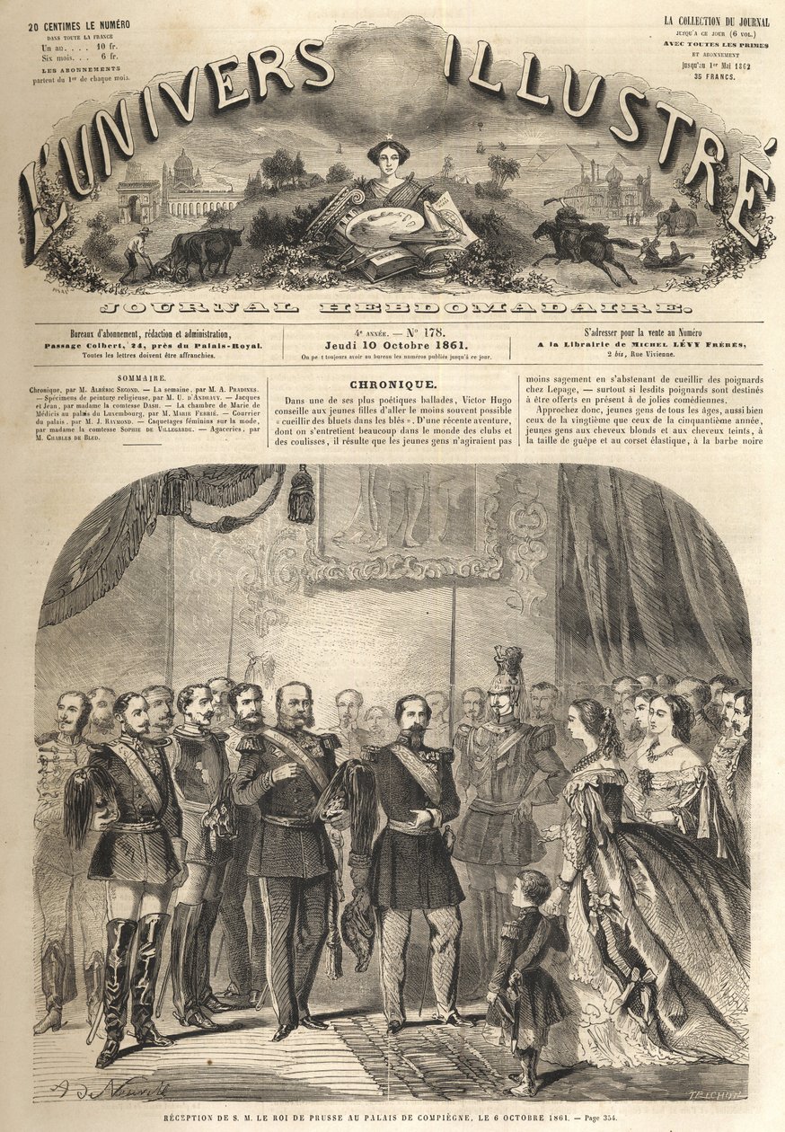 普鲁士国王威廉对法国皇帝拿破仑三世的访问，法国康比涅，1861年--普鲁士威廉一世（1797-1888）在拿破仑三世面前对康比涅的访问--来自 "图解宇宙 "的版画 作者 未知艺术家