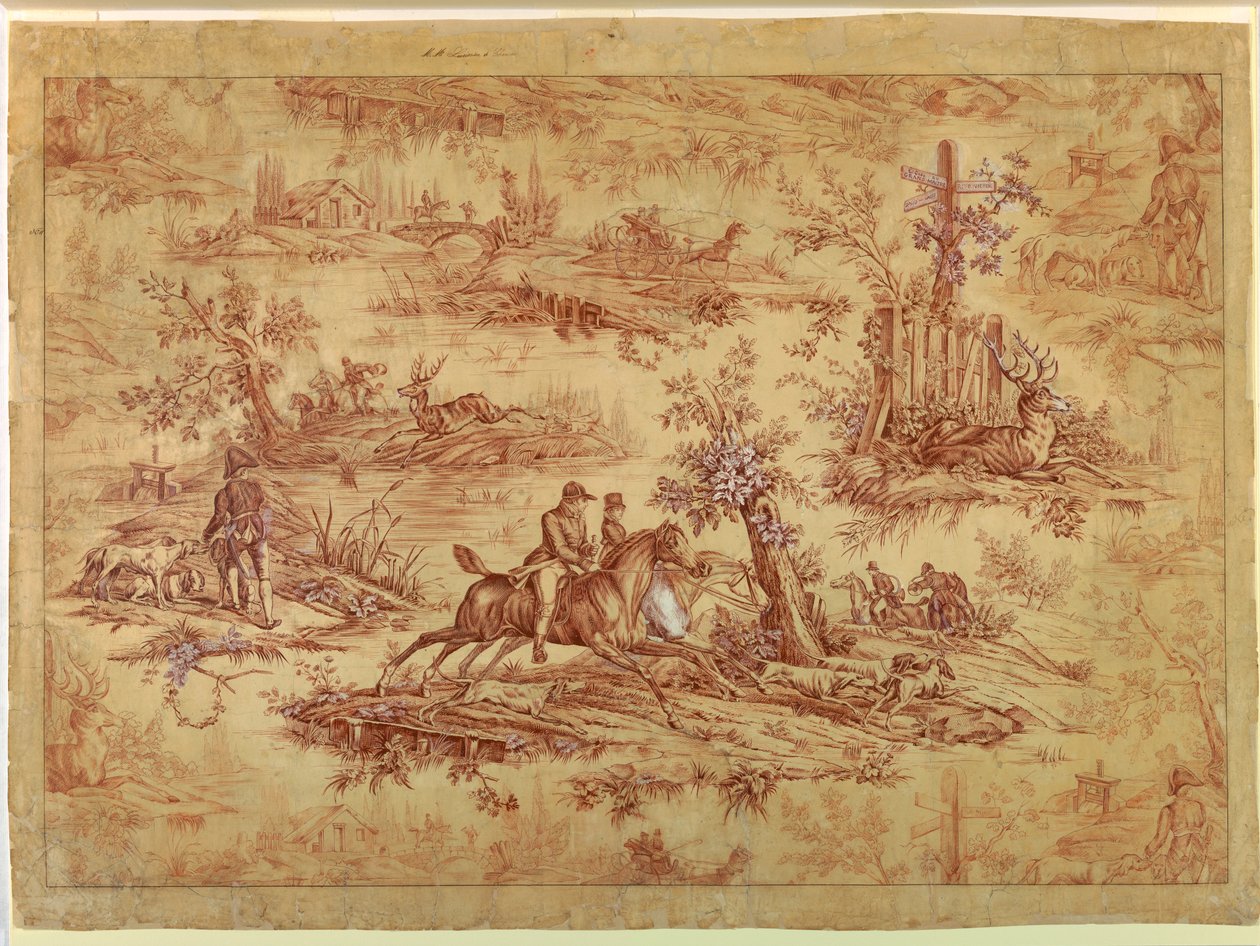 素描，棉质印花织物卡通，La Route de Jouy，1815 年以后 作者 未知艺术家