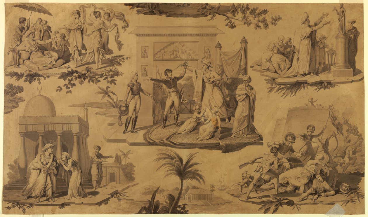 绘画，棉纺织品印花漫画：法国人在埃及[Les Francais en Egypte]，约 1815 年 作者 未知艺术家