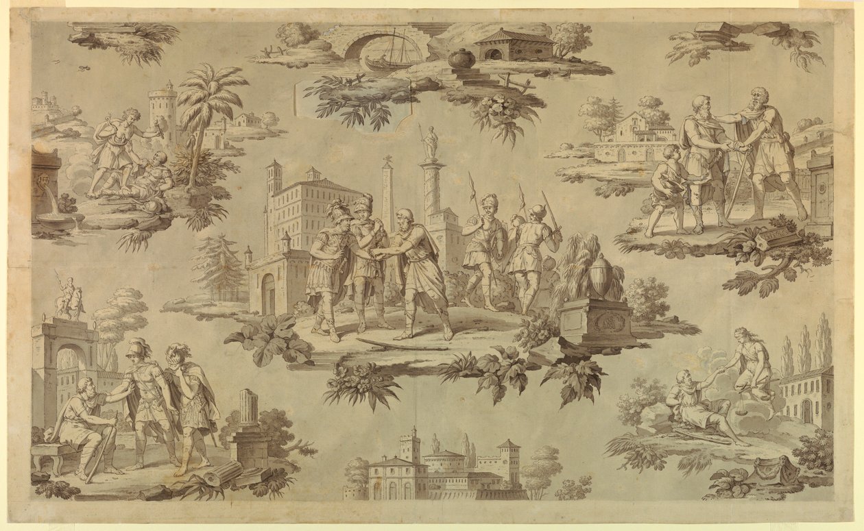 素描，棉布印花漫画：贝利萨尔的生活[La Vie de Bélisaire]，约 1820 年 作者 未知艺术家