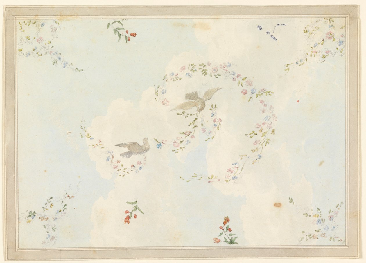 素描，带有鸽子和花环的天花板设计，可能用于入口大厅，1815-22 年 作者 未知艺术家