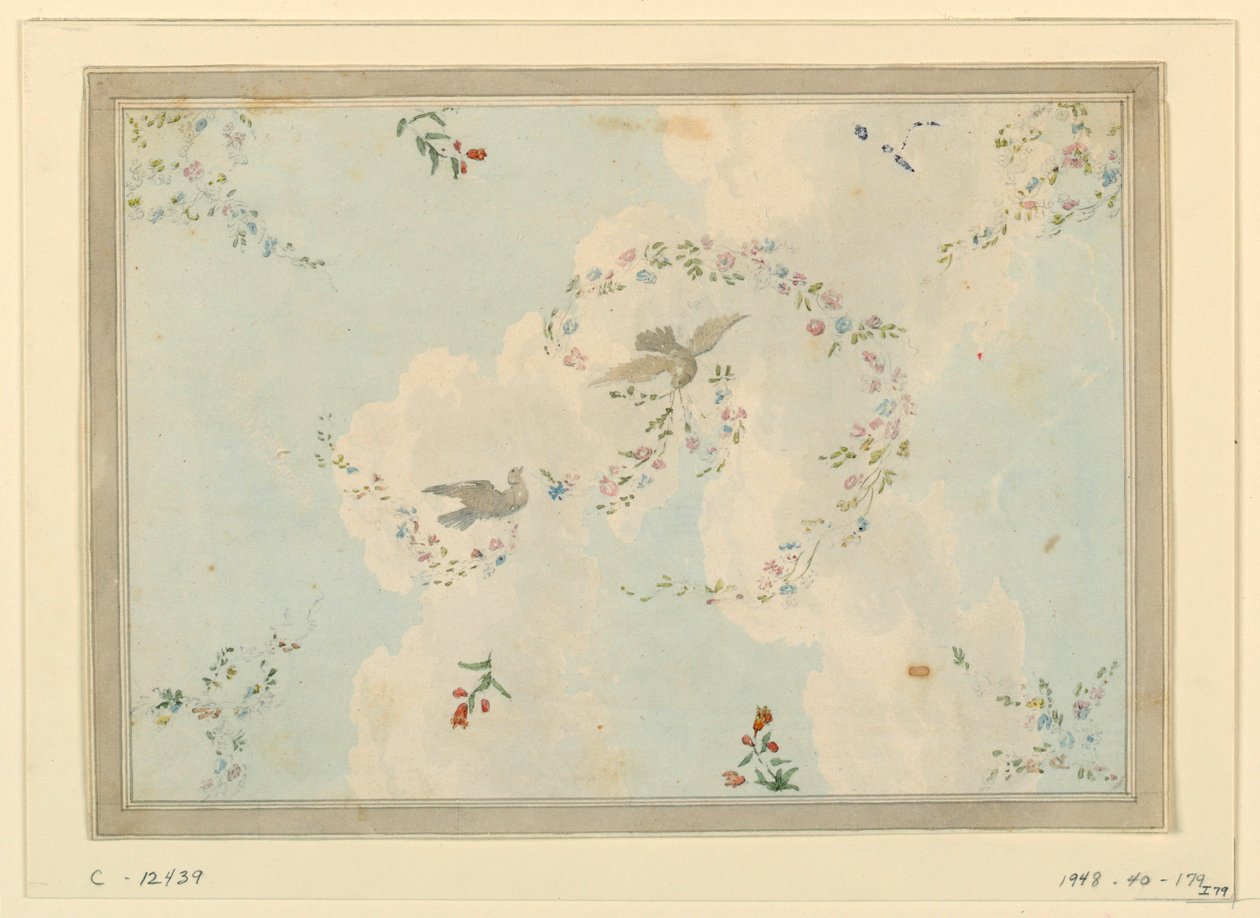 素描，带有鸽子和花环的天花板设计，可能用于入口大厅，1815-22 年 作者 未知艺术家