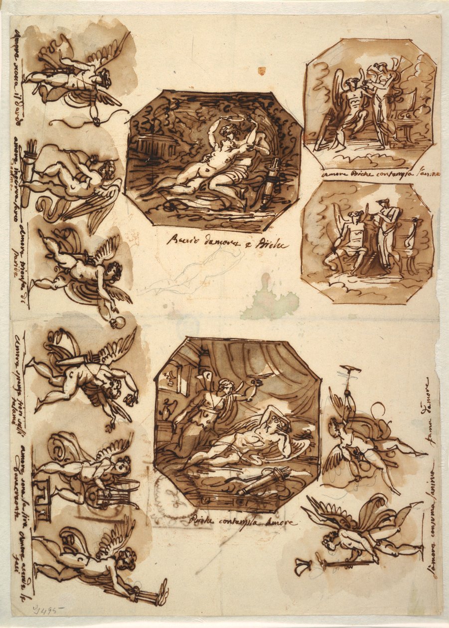 绘画《丘比特与赛琪》：丘比特的四个八角形和八幅素描，1810-15 年 作者 未知艺术家