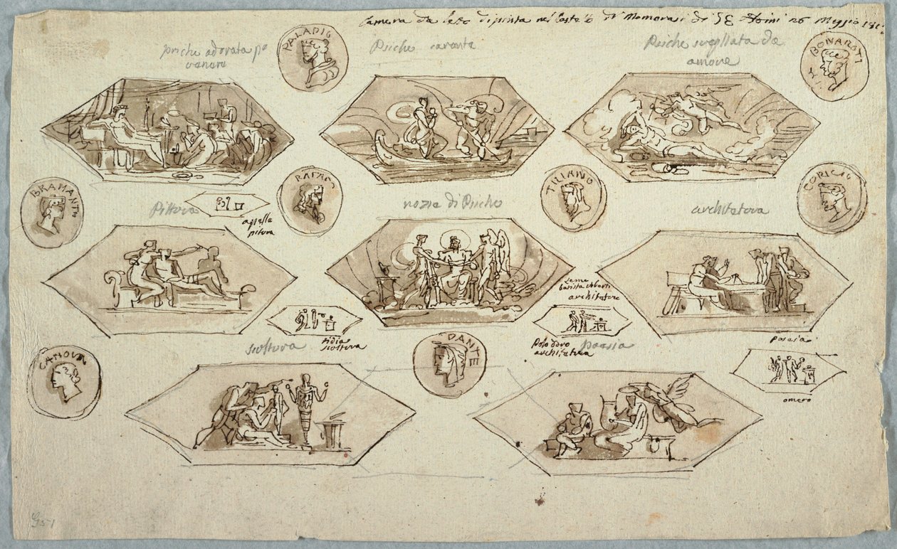 绘图，蒙莫朗西阿尔迪尼别墅卧室天花板装饰，1813 年 作者 未知艺术家