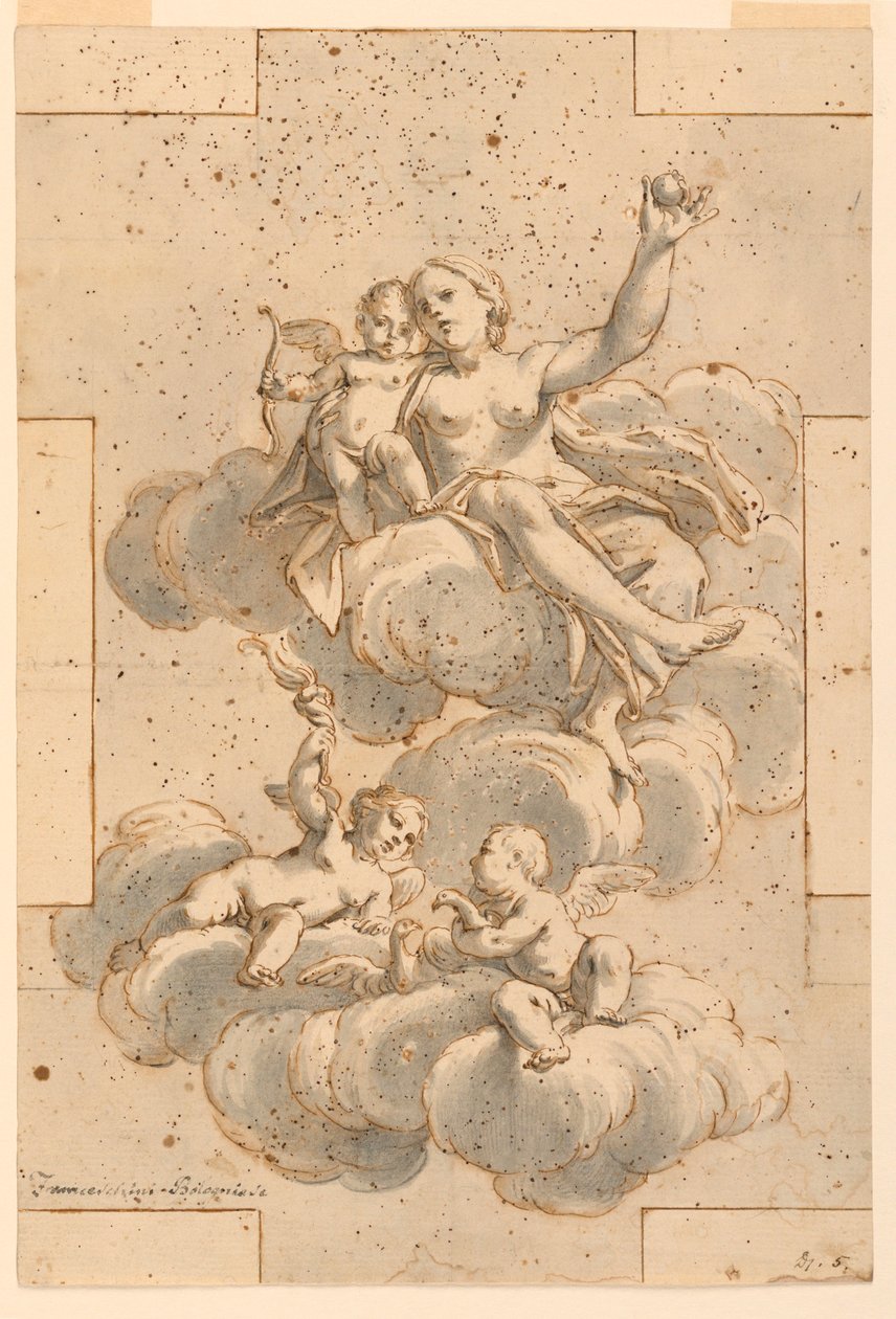 素描，天花板绘画设计，维纳斯、丘比特和普蒂，1700-29 年 作者 未知艺术家