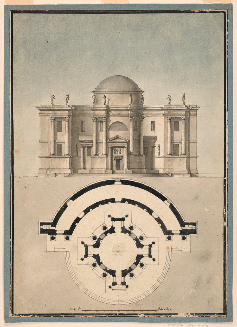 素描，带 Tempietto 和半圆形穹顶的古典神庙设计，约 1780 年 作者 未知艺术家