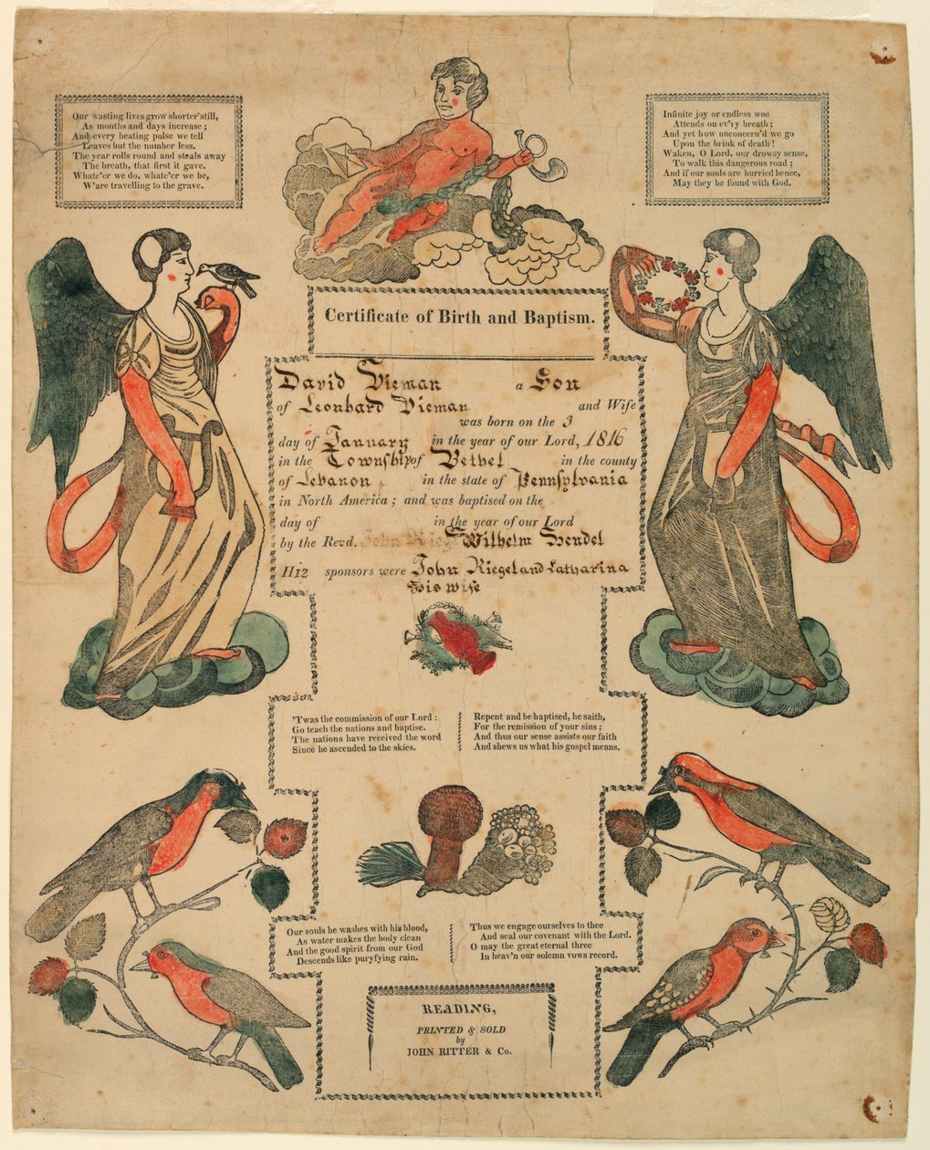 Fraktur, 洗礼证书[出生证明]，1816 年 作者 未知艺术家