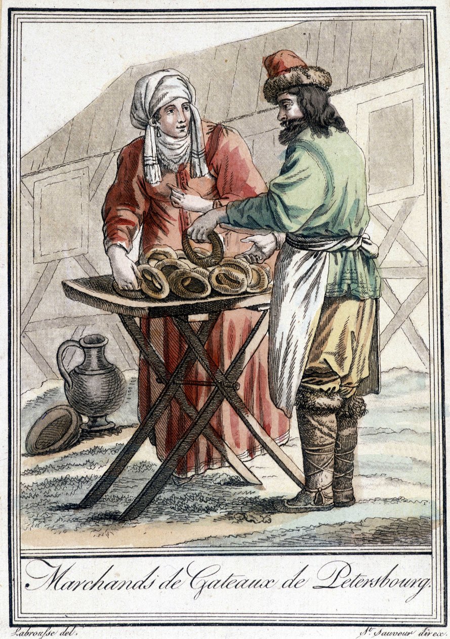 19th century plate representing a Russian man, cake merchant in Petersburg. 作者 未知艺术家