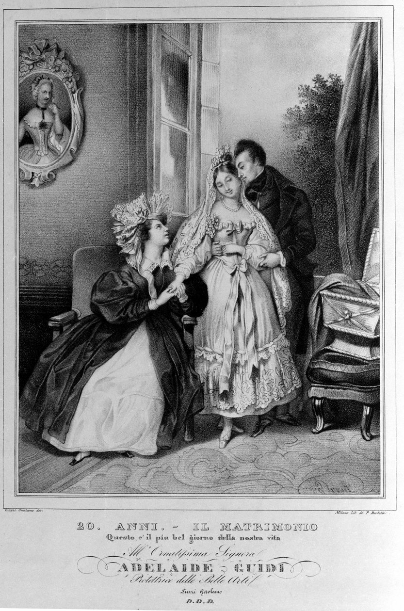 20 years: marriage. Representation of a couple of newlyweds. 19th century lithograph. 作者 未知艺术家