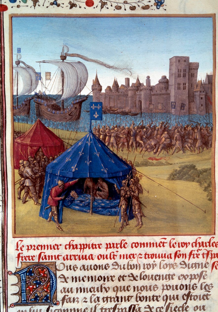 第 8 次十字军东征：圣路易斯 (Louis IX) (1214 / 1215-1270) 在突尼斯死于瘟疫。 缩影取自“”圣路易斯主教的事实之书”“15 世纪巴黎，B.N. 作者 未知艺术家