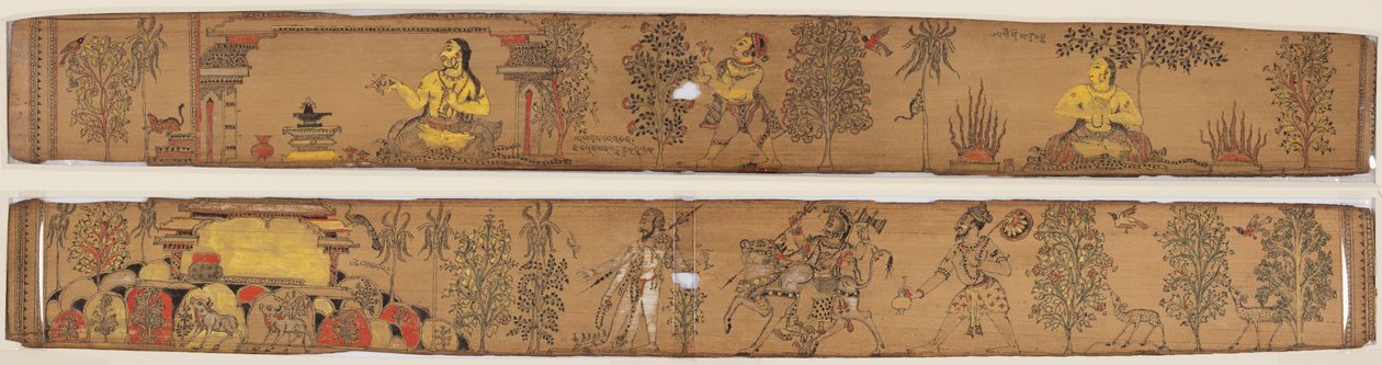 一位王子进行节俭（正面）；湿婆和他的追随者返回凯拉什山（背面），选自乌本德拉-班贾（1670-1740 年）的《钱德拉巴努和拉旺亚瓦蒂的罗曼史》。 作者 未知艺术家