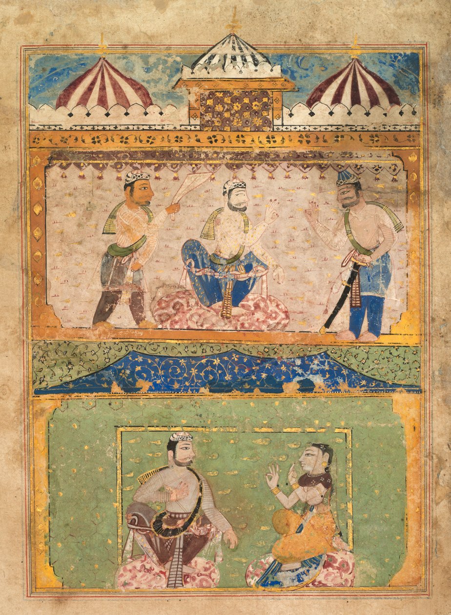 一位旅行者劝说洛里克回家（上）；昌达反对（下），选自《昌达的故事》（Chandayana） 作者 未知艺术家