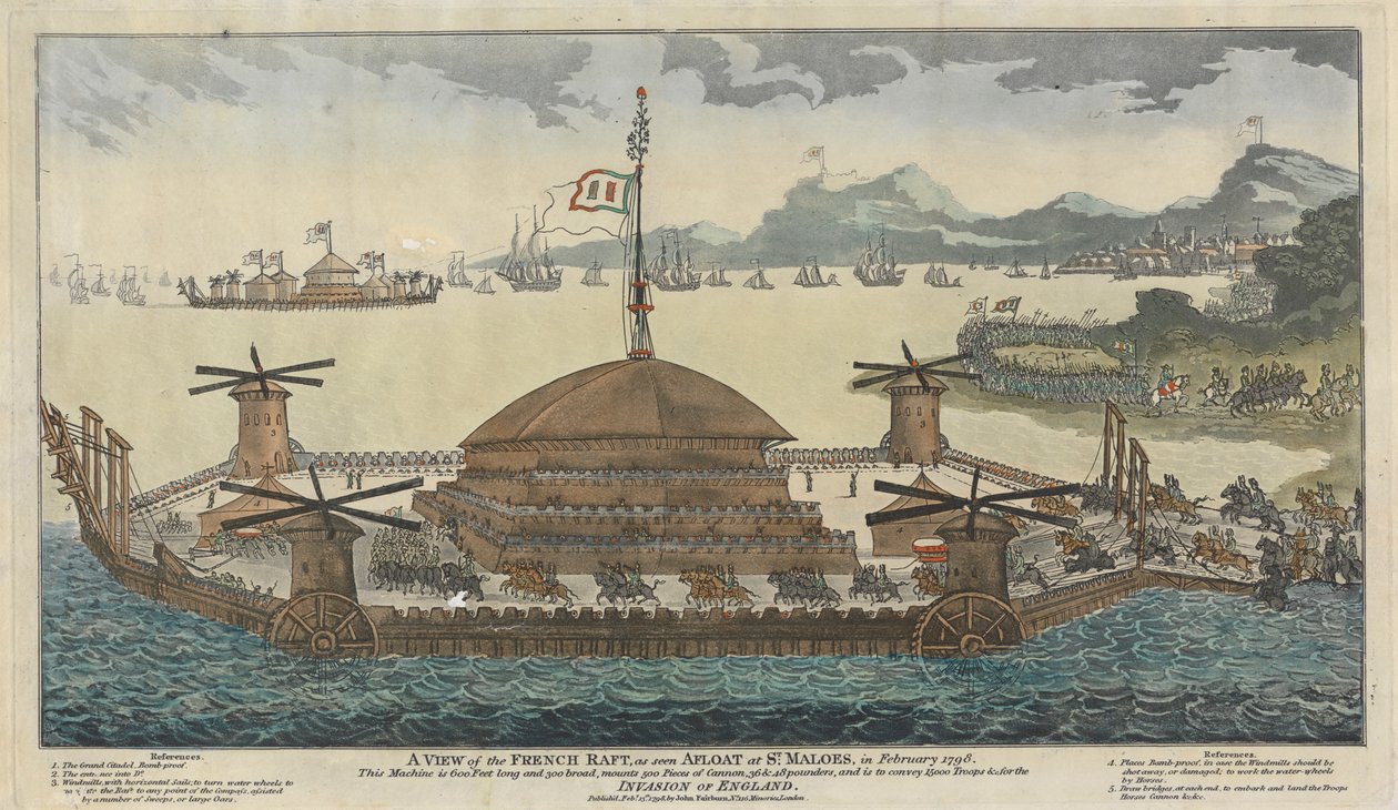 1798 年 2 月在圣马洛斯看到的法国木筏。该船长 600 英尺，宽 300 英尺，装有 500 门大炮、36 和 48 磅炮，将运送 15,000 名士兵入侵英格兰。 作者 未知艺术家