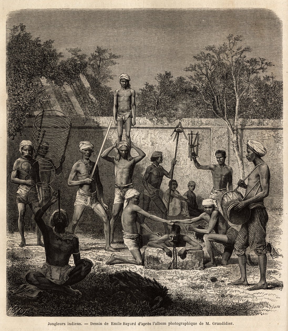 一群印度杂耍者。为说明阿尔弗雷德-格兰迪耶1862-1864年在印度经线省份的航行而绘制的版画，发表在《世界之旅》上，由D