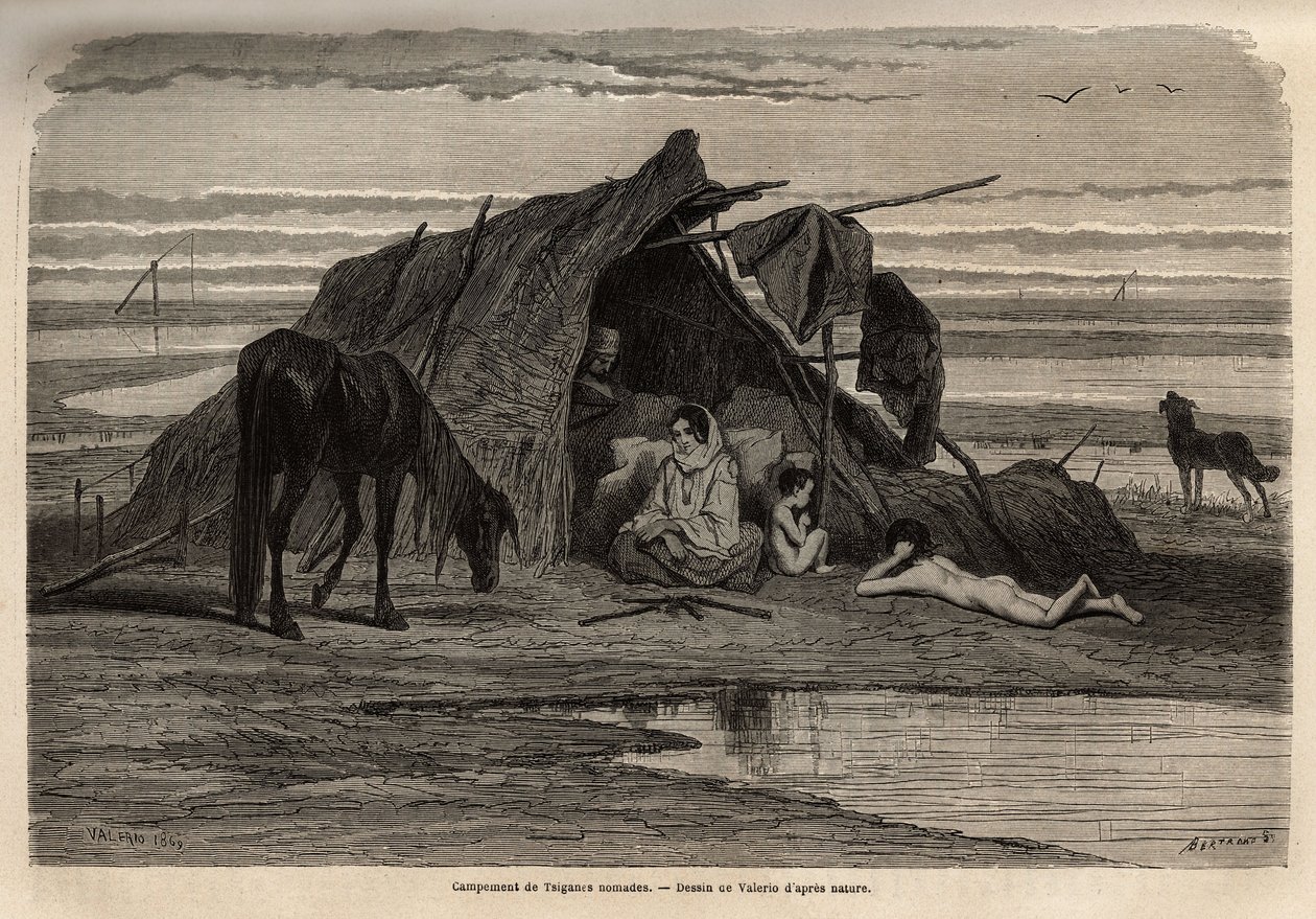A camp of nomadic gypsies in the plains of northern Bosnia. Engraving to illustrate the memories of travel among the southern Slavs, by Georges Perrot, in 1868, published in “” Le tour du monde”” 1870-1871, edited by Edouard Charton, edition Hachette, Pari 作者 未知艺术家