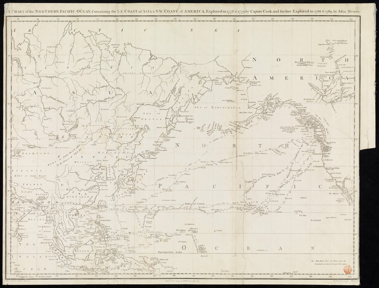包含库克船长于 1778 年和 1779 年勘探的亚洲东北海岸和美洲西北海岸以及约翰-米亚雷斯于 1788 年和 1789 年进一步勘探的北太平洋海图（印刷品） 作者 未知艺术家