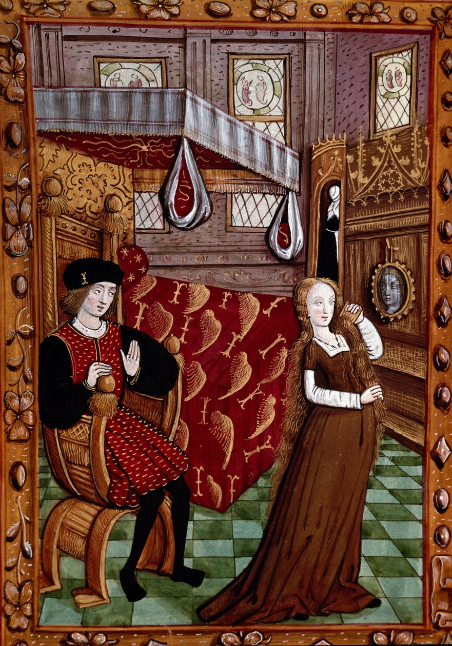 一对夫妇在卧室里，这位女士穿着“Histoire de Jean III de Brush et de儿子妻子 Louise de Laval”的缩影（1475 年，第 6 章）尚蒂伊，孔德博物馆 作者 未知艺术家