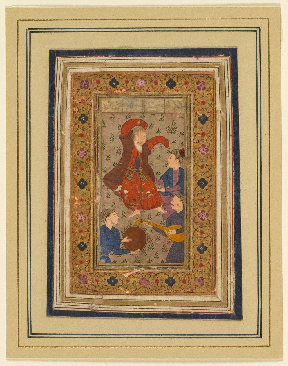 一个跳舞的苦行僧和三个乐师，选自乌尔菲（波斯语，1555-1591 年）的 Divan（诗歌集）。 作者 未知艺术家