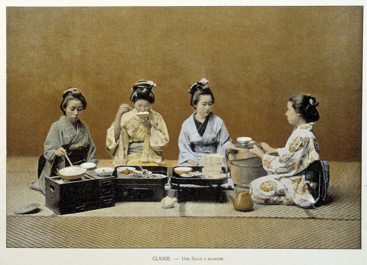日本的一间餐厅：女性用筷子吃米饭，其中一人端茶 - 日期不详。 19世纪末 作者 未知艺术家