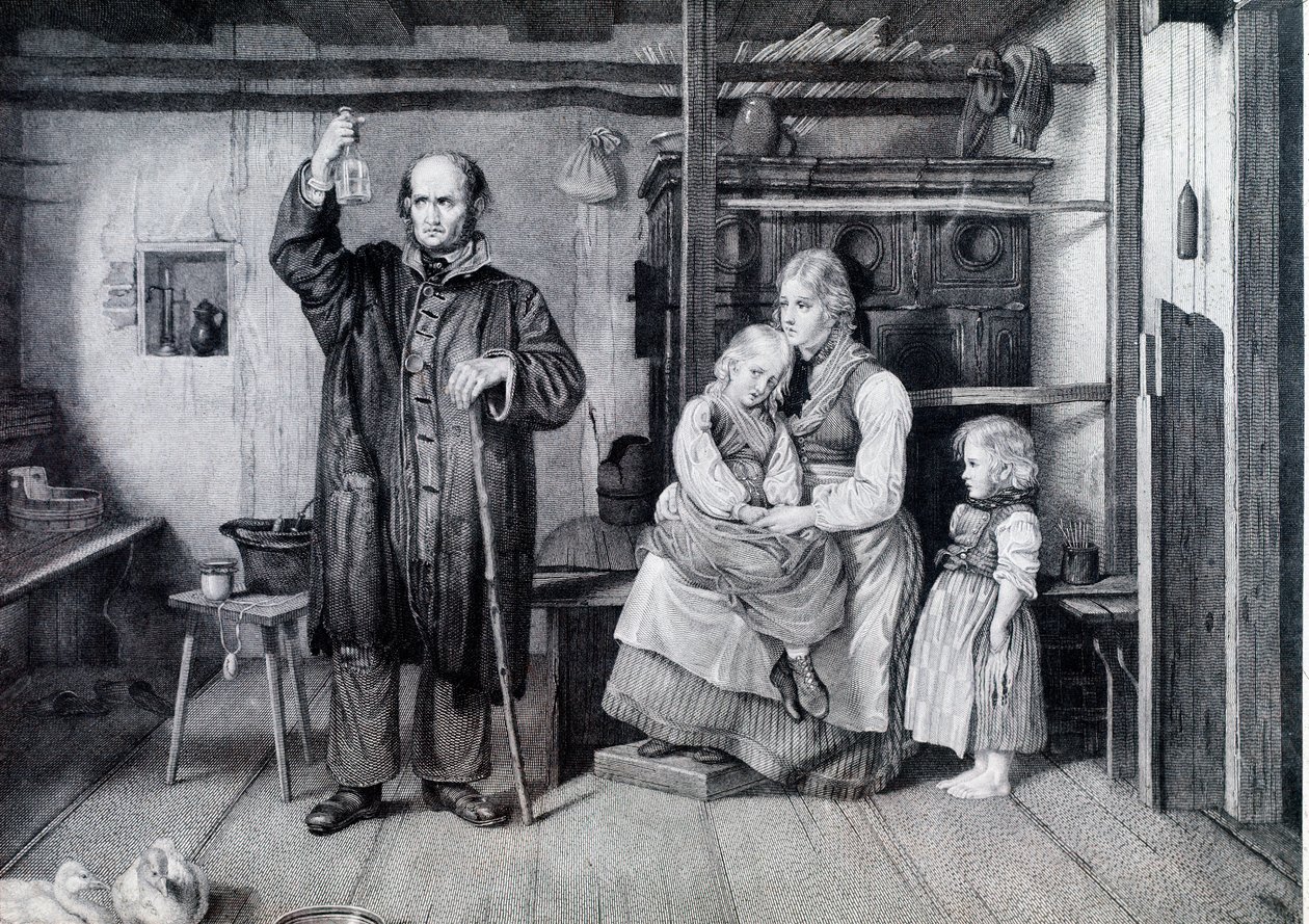 A doctor examining a bottle, probably a urine vial, during a visit to a mother and her two children living in poverty (engraving) 作者 未知艺术家