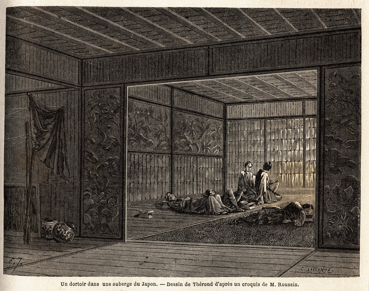 A dormitory in an inn in Japan. Engraving to illustrate the voyage to Japan in 1863-1864, by Aime Humbert, minister of the Swiss Confederation, in “Le tour du monde, nouveau journal des voyages”, published under the direction of Edouard Charton 作者 未知艺术家