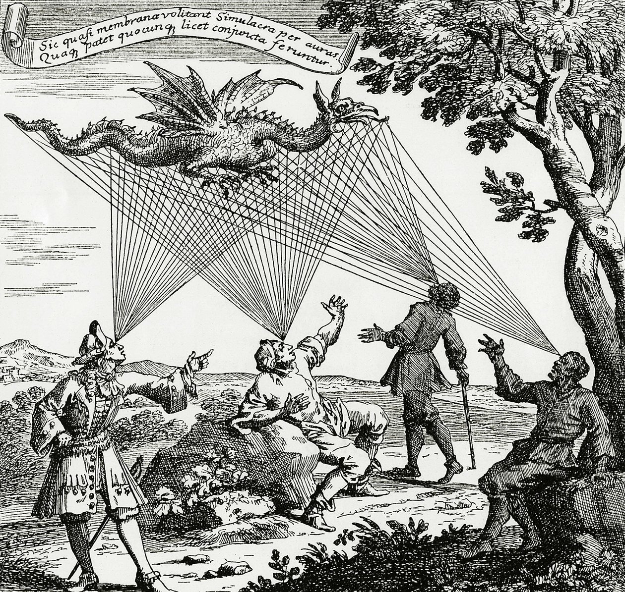 一条从不同视角看到的龙，基于 Zahn 的“人工眼眼”的铜版画。 作者 未知艺术家