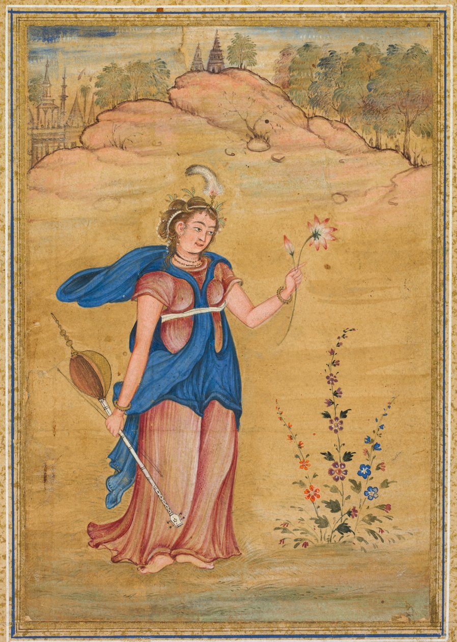 站立在山水画中的女性，手持四弦 "khuuchir "和莲花 作者 未知艺术家
