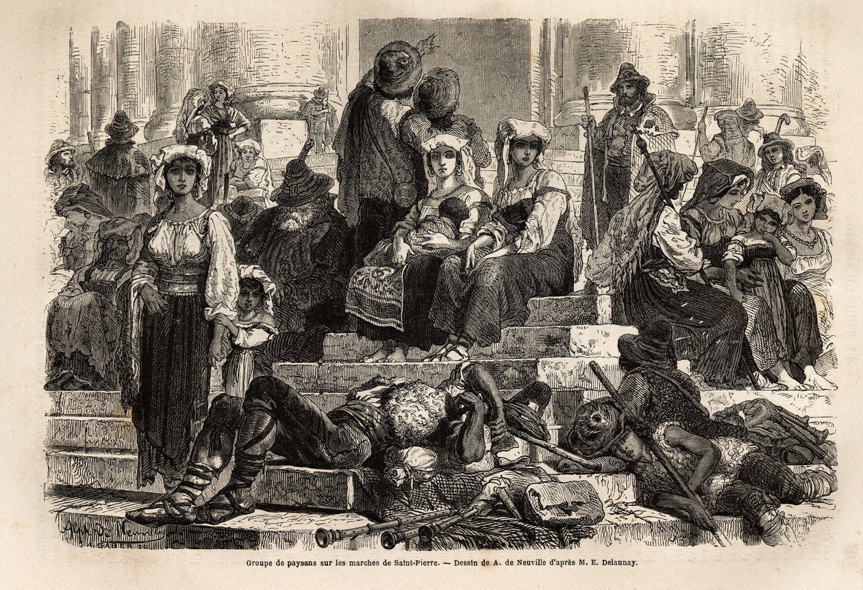 一群农民和牧羊人聚集在梵蒂冈圣彼得的台阶上庆祝圣周。 Ludovic Celler 于 1863 年在“Le tour du monde, nouveau journal des voyages”中雕刻以说明 1863 年罗马圣周的故事 作者 未知艺术家