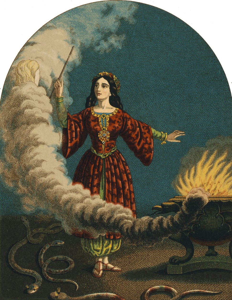 A magician (witch) preparing sortileges with a magic wand, a cauldron and snakes. Engraving from 1852 作者 未知艺术家