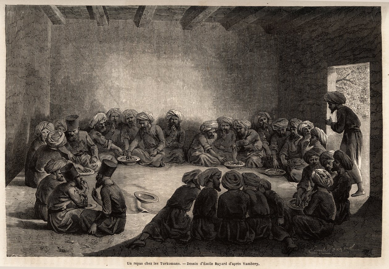 A meal at the Turkomans (Iraq). Drawing by Emile Bayard (1837-1891), to illustrate the journey to Central Asia, in 1863, by Arminius Vambery (Hungarian scientist disguise in dervish). Engraving in “” Le tour du monde””, edited by Edouard Charton 作者 未知艺术家