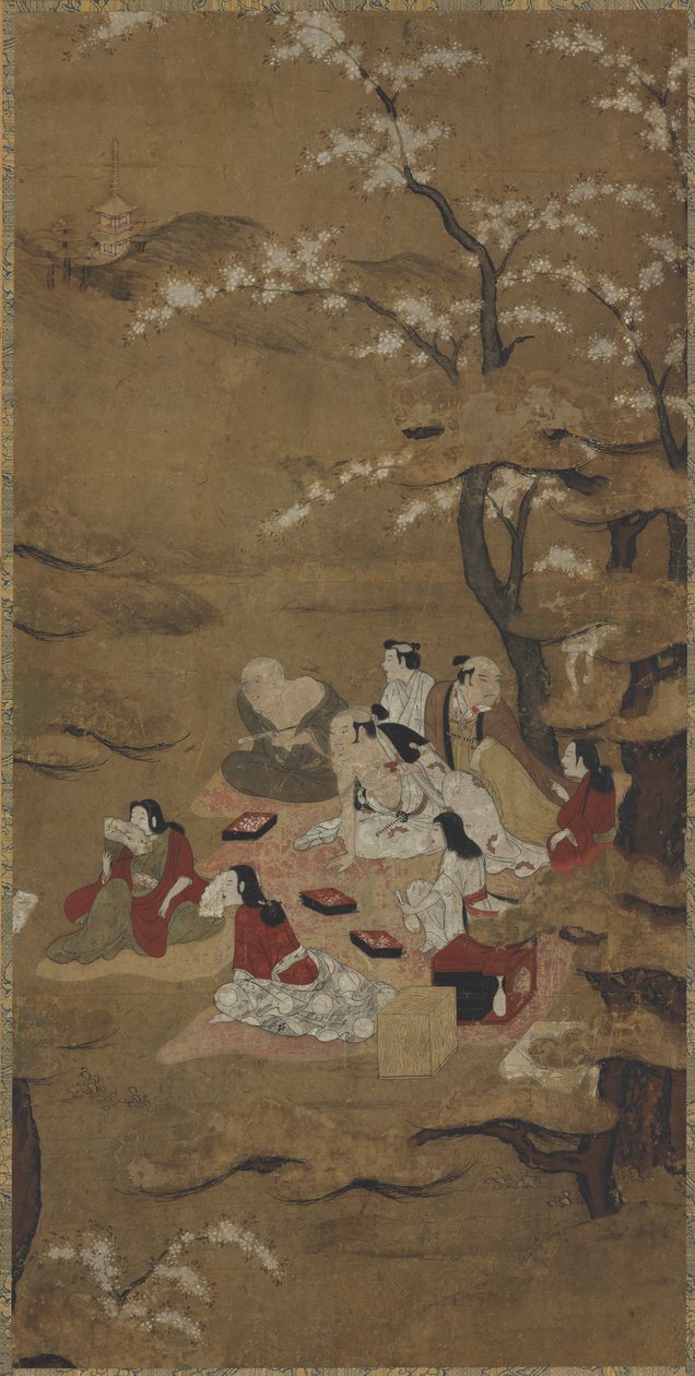 野餐聚会：八个人坐在开花的树下 作者 未知艺术家