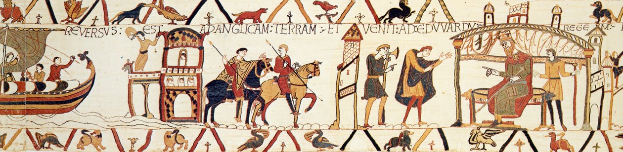 A scene from the Bayeux Tapestry depicting King Edward talking with Harold 作者 未知艺术家