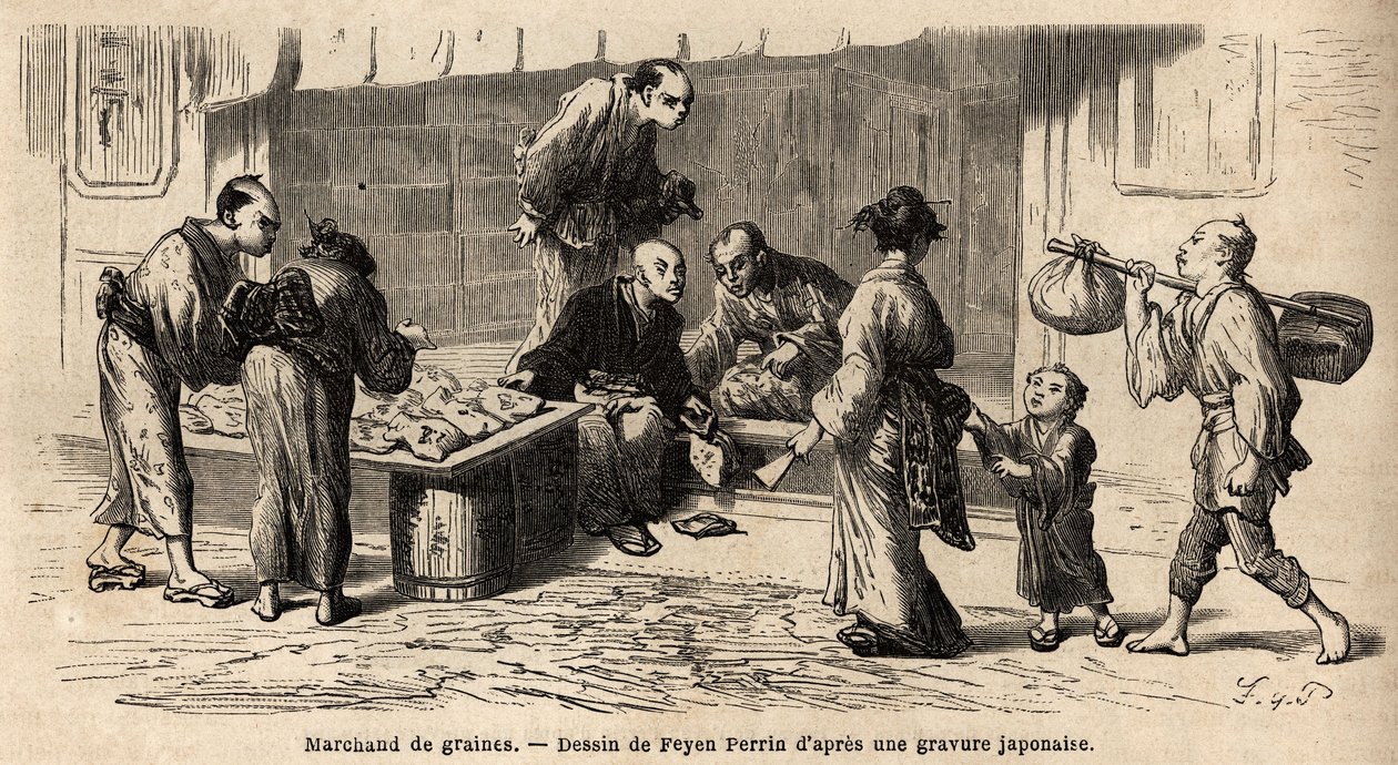 A seed dealer in the middle of the street. Engraving to illustrate the voyage to Japan, in 1863-1864, by Aime Humbert, minister of the Swiss Confederation, in “Le tour du monde, nouveau journal des voyages”” published under the direction of Edouard Charton 作者 未知艺术家