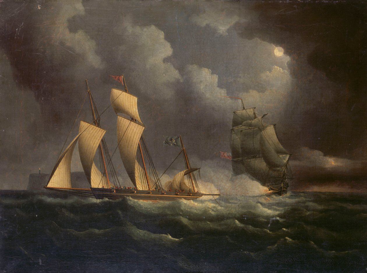 一艘被海军军舰追赶的走私船，约 1825 年（布面油画） 作者 未知艺术家