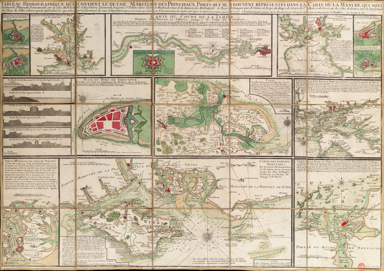 包含英吉利海峡地图中主要海港详细信息的表格，约 1780 年（纸、亚麻布） 作者 未知艺术家