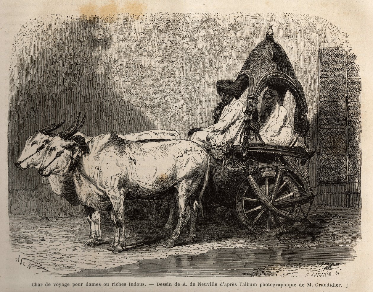 A travel tank fired by two white oxen, for ladies or Hindus wealthy. Engraving to illustrate the voyage in the meridional provinces of India, by Alfred Grandidier, in 1862-1864, published in “” le tour du monde””, under the direction of D